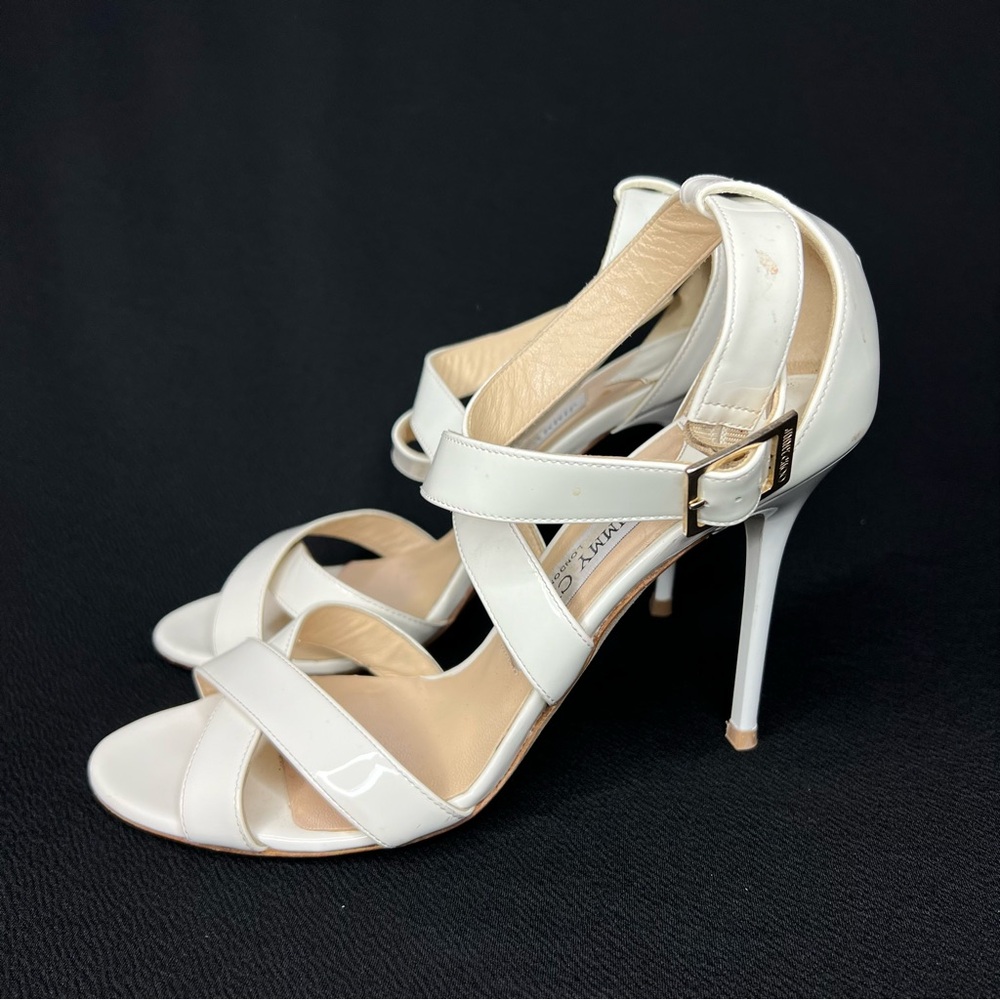 Jimmy Choo White Patent leather stiletto Strap Womens High Heels Size 38.5